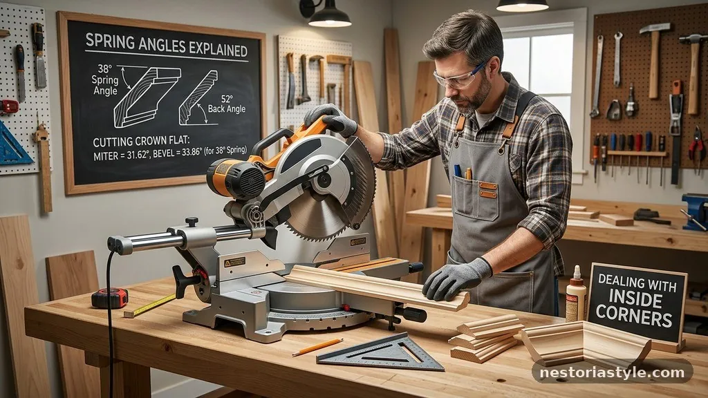 Dealing with Inside Corners - How to Cut Crown Molding Flat on a Miter Saw (Spring Angles Explained)