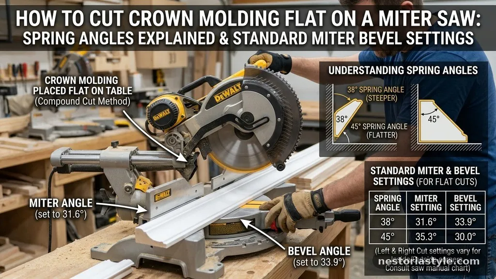 Standard Miter and Bevel Settings - How to Cut Crown Molding Flat on a Miter Saw (Spring Angles Explained)