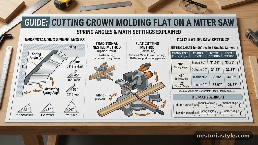 The Math Behind the Settings - How to Cut Crown Molding Flat on a Miter Saw (Spring Angles Explained)
